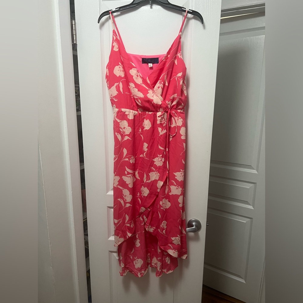 NWT Francesca’s pink faux wrap hi lo midi dress